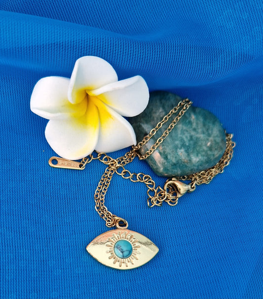 Collier acier inoxydable mauvais œil  / turquoise